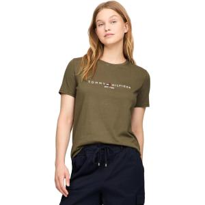 Tommy Hilfiger Women’s Striped Logo Graphic T-Shirt(Embroidered-logo Army Green.)