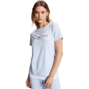 Tommy Hilfiger Women’s Striped Logo Graphic T-Shirt(Embroidered-logo Breezy Blue)