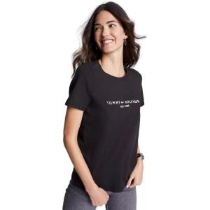Tommy Hilfiger Women’s Striped Logo Graphic T-Shirt(Embroidered-logo Dark Sable Black)