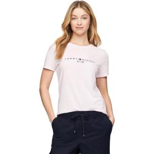 Tommy Hilfiger Women’s Striped Logo Graphic T-Shirt(Embroidered-logo Light Pink)