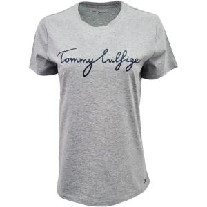 Tommy Hilfiger Women’s Striped Logo Graphic T-Shirt(Grey (Script Logo))