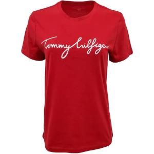 Tommy Hilfiger Women’s Striped Logo Graphic T-Shirt(Red (Script Logo))