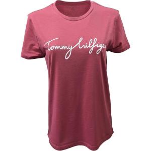 Tommy Hilfiger Women’s Striped Logo Graphic T-Shirt(Rouge (Script Logo))
