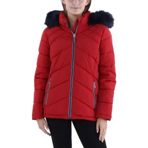 Tommy Hilfiger womens Contrast Zipper Fur Hood Short Puffer Jacket(Crimson)