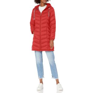 Tommy Hilfiger womens Long Down Puffer Jacket(Chevron Packable Crimson)