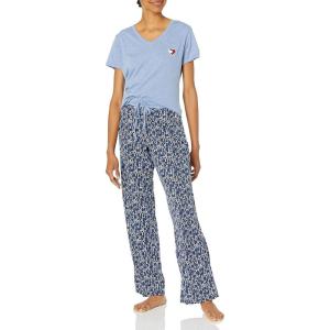 Tommy Hilfiger womens Women’s Top and Logo Pant Lounge Bottom Pj Pajama Set, Allover Tommy W. Flag, Large US(Chambray Heather/Tommy Script)