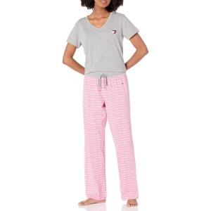 Tommy Hilfiger womens Women’s Top and Logo Pant Lounge Bottom Pj Pajama Set, Allover Tommy W. Flag, Large US(Light Heather Grey)