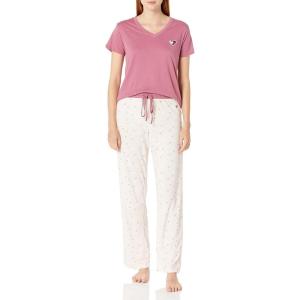 Tommy Hilfiger womens Women’s Top and Logo Pant Lounge Bottom Pj Pajama Set, Allover Tommy W. Flag, Large US(Metro Mauve & Script Th and Florals Pastal Pink)