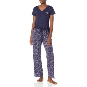 Tommy Hilfiger womens Women’s Top and Logo Pant Lounge Bottom Pj Pajama Set, Allover Tommy W. Flag, Large US(Peacoat & Th Multi Name Allover Letters Peacoat)