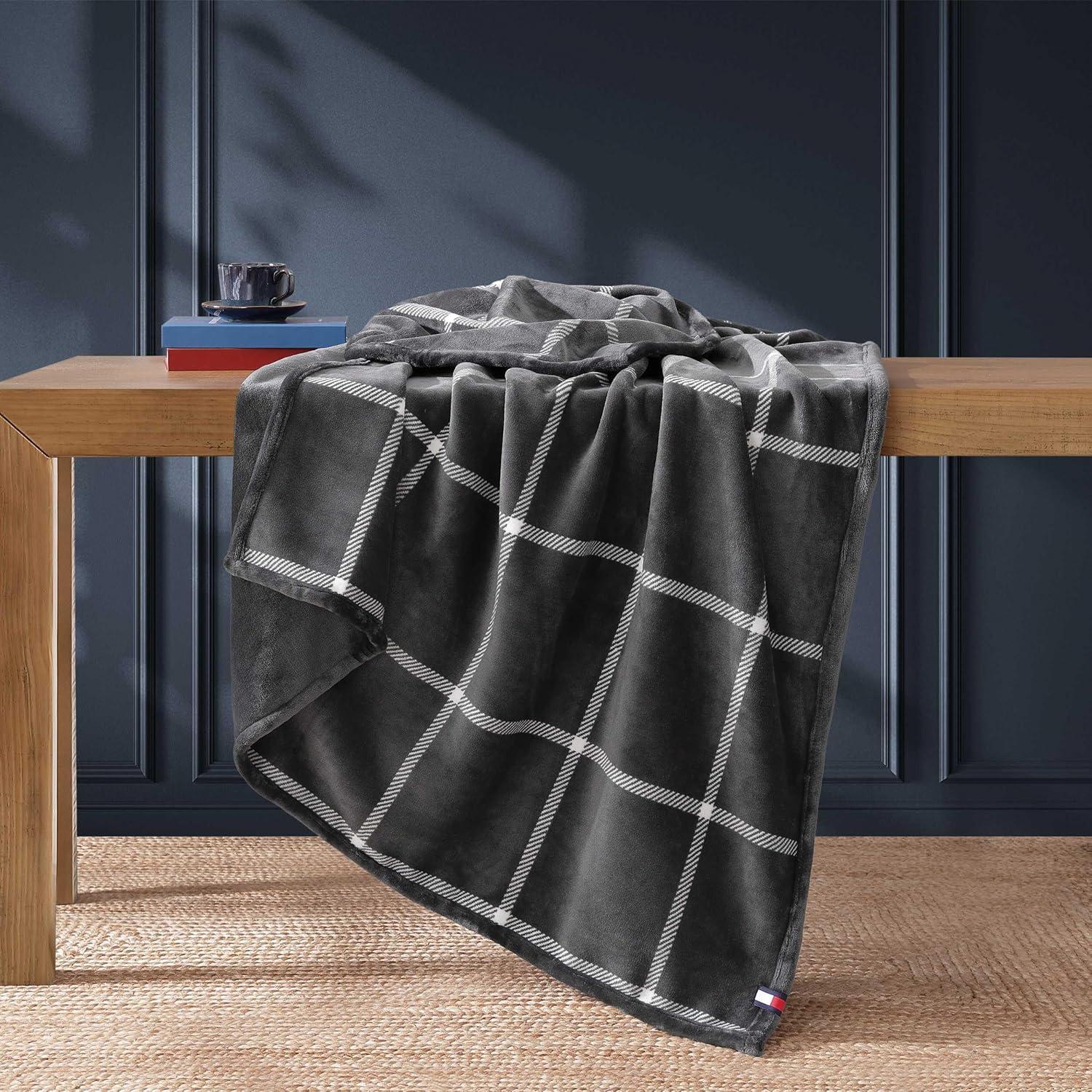 imageTommy Hilfiger Blanket UltraSoft Plush Throw Blanket for Bed or Couch Cozy Bedding with Solid Reverse ampamp Tailored Hem Medium Weight for Year Round Comfort Dumbo Windowpane Grey 50quot x 70quotDumbo Windowpaine Grey