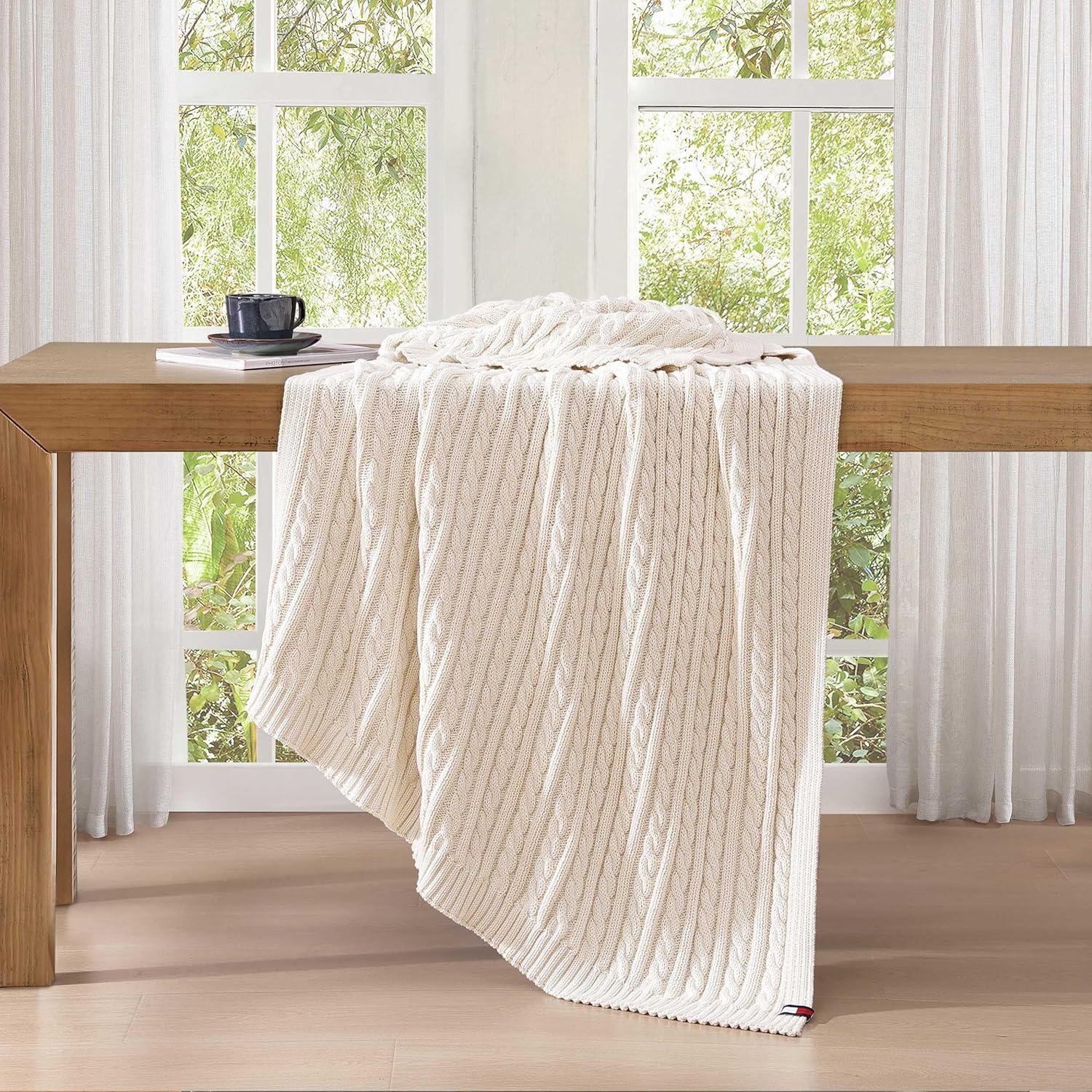 imageTommy Hilfiger Blanket UltraSoft Plush Throw Blanket for Bed or Couch Cozy Bedding with Solid Reverse ampamp Tailored Hem Medium Weight for Year Round Comfort Dumbo Windowpane Grey 50quot x 70quotOffwhite