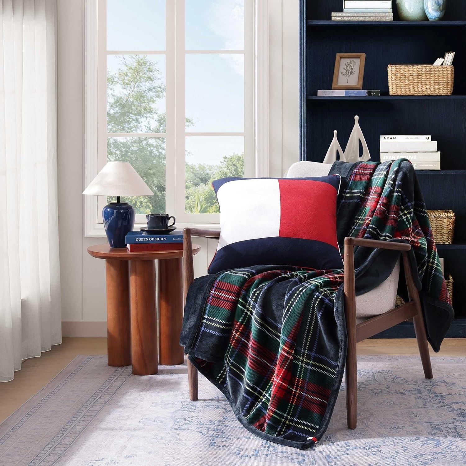 imageTommy Hilfiger Blanket UltraSoft Plush Throw Blanket for Bed or Couch Cozy Bedding with Solid Reverse ampamp Tailored Hem Medium Weight for Year Round Comfort Dumbo Windowpane Grey 50quot x 70quotDevon Tartan Blue