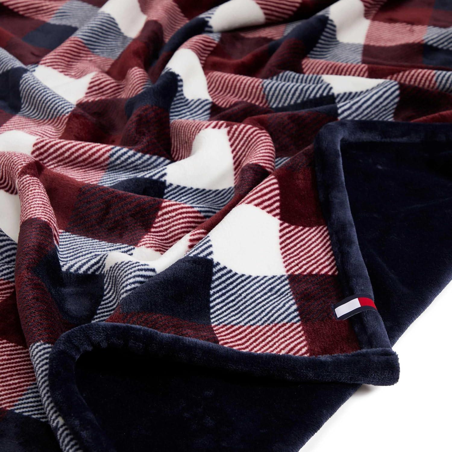 imageTommy Hilfiger Blanket UltraSoft Plush Throw Blanket for Bed or Couch Cozy Bedding with Solid Reverse ampamp Tailored Hem Medium Weight for Year Round Comfort Dumbo Windowpane Grey 50quot x 70quotDerby Plaid Red