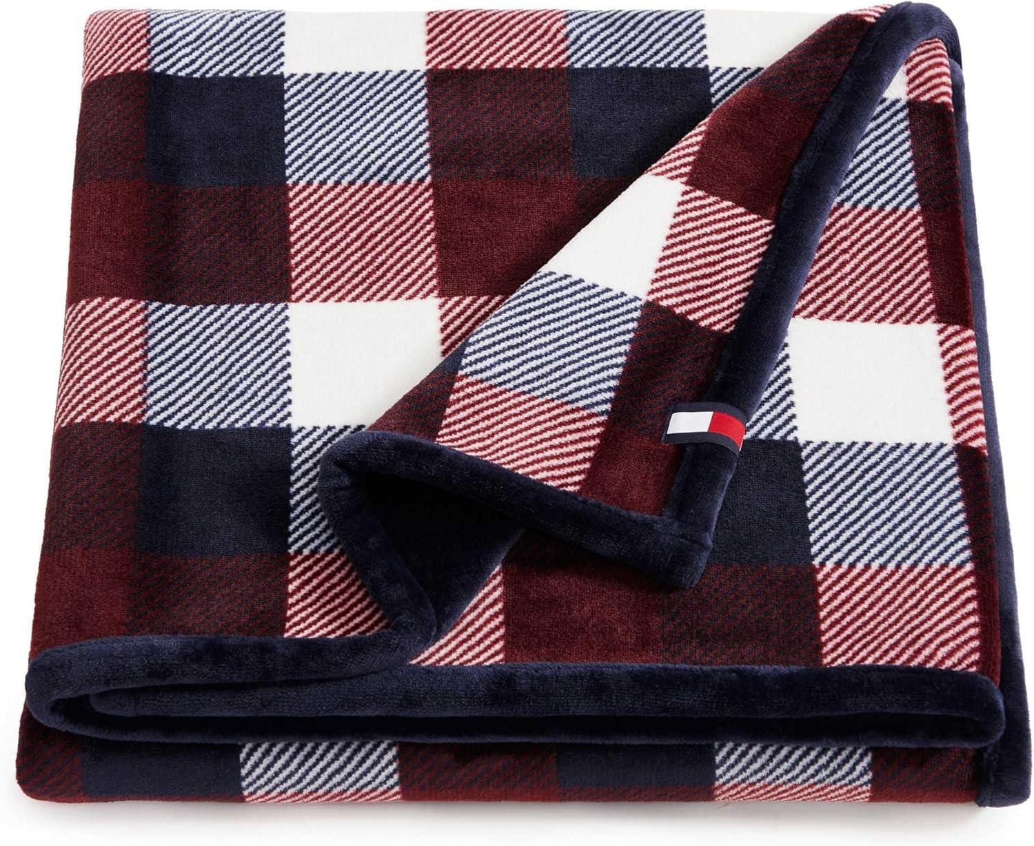 imageTommy Hilfiger Blanket UltraSoft Plush Throw Blanket for Bed or Couch Cozy Bedding with Solid Reverse ampamp Tailored Hem Medium Weight for Year Round Comfort Dumbo Windowpane Grey 50quot x 70quotDerby Plaid Red