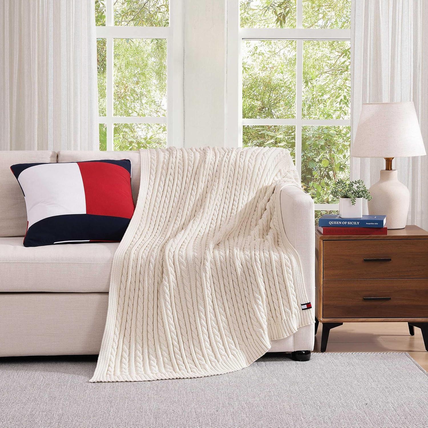 imageTommy Hilfiger Blanket UltraSoft Plush Throw Blanket for Bed or Couch Cozy Bedding with Solid Reverse ampamp Tailored Hem Medium Weight for Year Round Comfort Dumbo Windowpane Grey 50quot x 70quotOffwhite