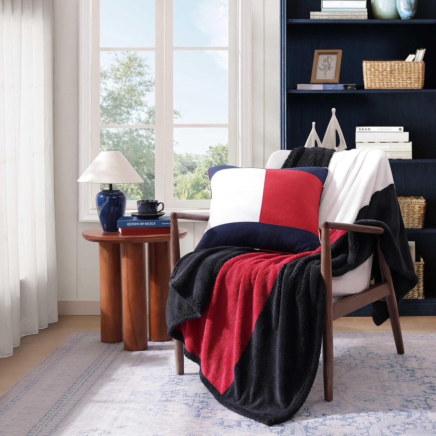 imageTommy Hilfiger Blanket UltraSoft Plush Throw Blanket for Bed or Couch Cozy Bedding with Solid Reverse ampamp Tailored Hem Medium Weight for Year Round Comfort Dumbo Windowpane Grey 50quot x 70quotIconic Flag Blue