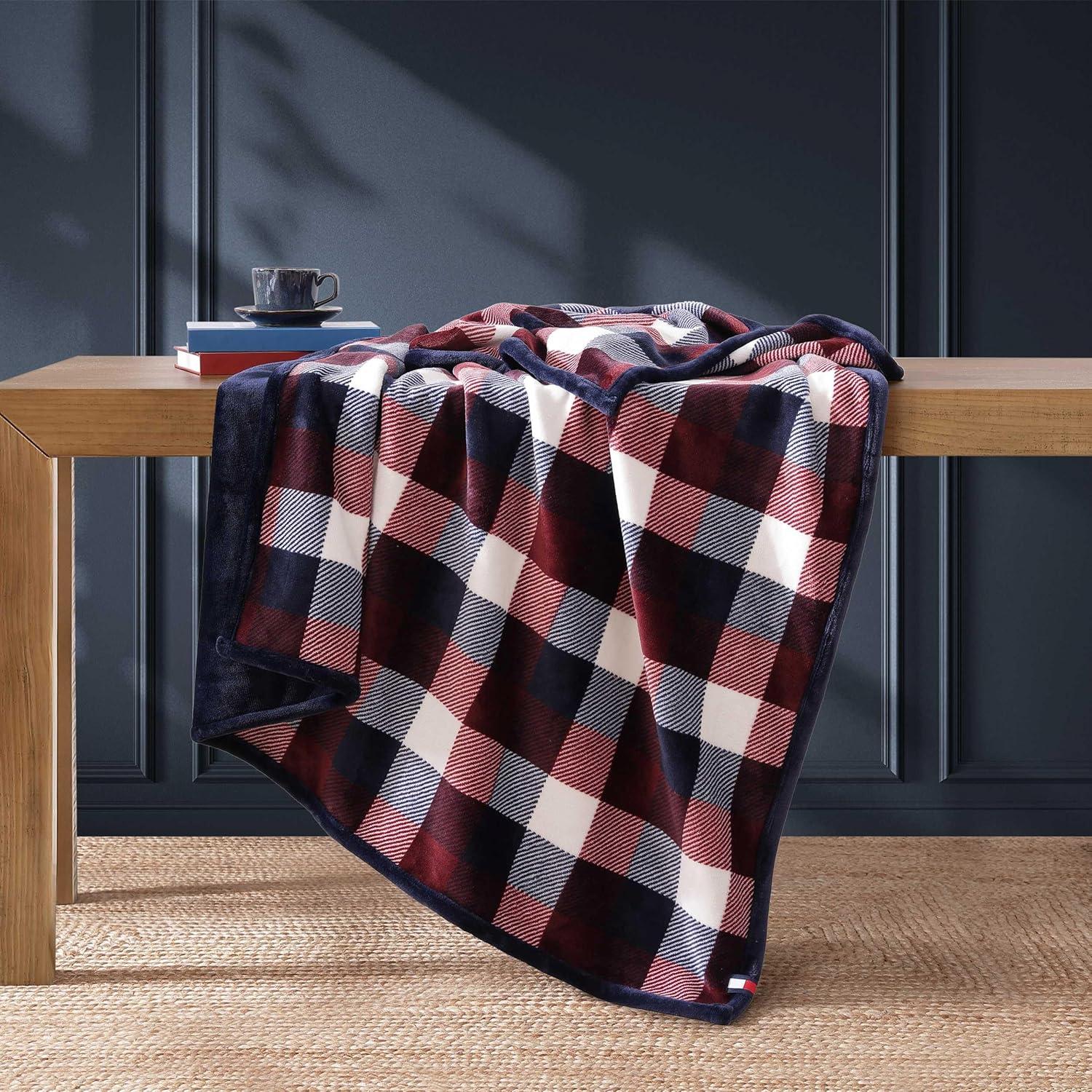 imageTommy Hilfiger Blanket UltraSoft Plush Throw Blanket for Bed or Couch Cozy Bedding with Solid Reverse ampamp Tailored Hem Medium Weight for Year Round Comfort Dumbo Windowpane Grey 50quot x 70quotDerby Plaid Red