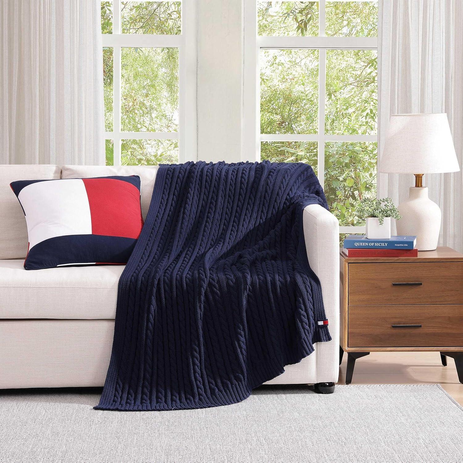 imageTommy Hilfiger Blanket UltraSoft Plush Throw Blanket for Bed or Couch Cozy Bedding with Solid Reverse ampamp Tailored Hem Medium Weight for Year Round Comfort Dumbo Windowpane Grey 50quot x 70quotBlue