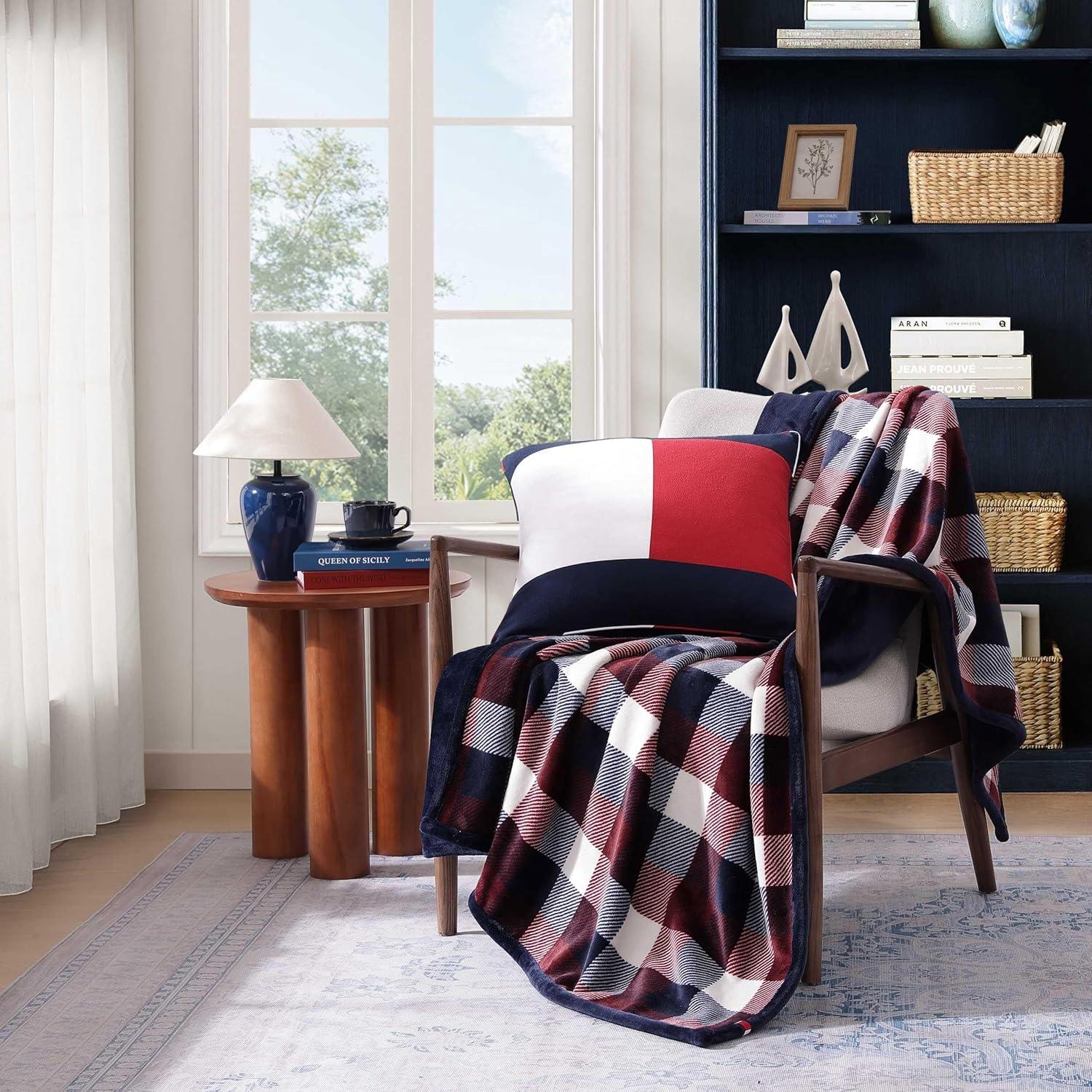 imageTommy Hilfiger Blanket UltraSoft Plush Throw Blanket for Bed or Couch Cozy Bedding with Solid Reverse ampamp Tailored Hem Medium Weight for Year Round Comfort Dumbo Windowpane Grey 50quot x 70quotDerby Plaid Red