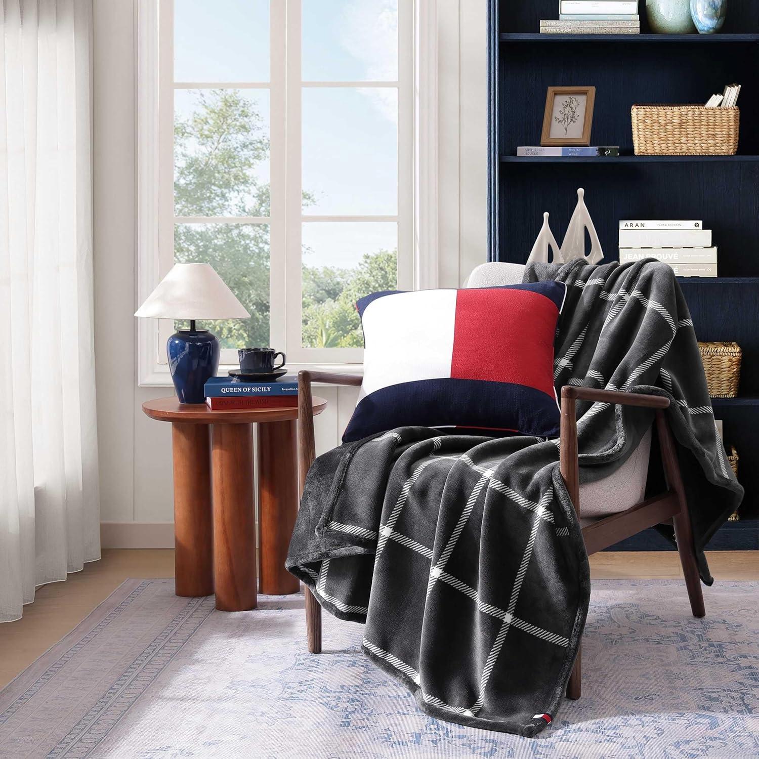 imageTommy Hilfiger Blanket UltraSoft Plush Throw Blanket for Bed or Couch Cozy Bedding with Solid Reverse ampamp Tailored Hem Medium Weight for Year Round Comfort Dumbo Windowpane Grey 50quot x 70quotDumbo Windowpaine Grey