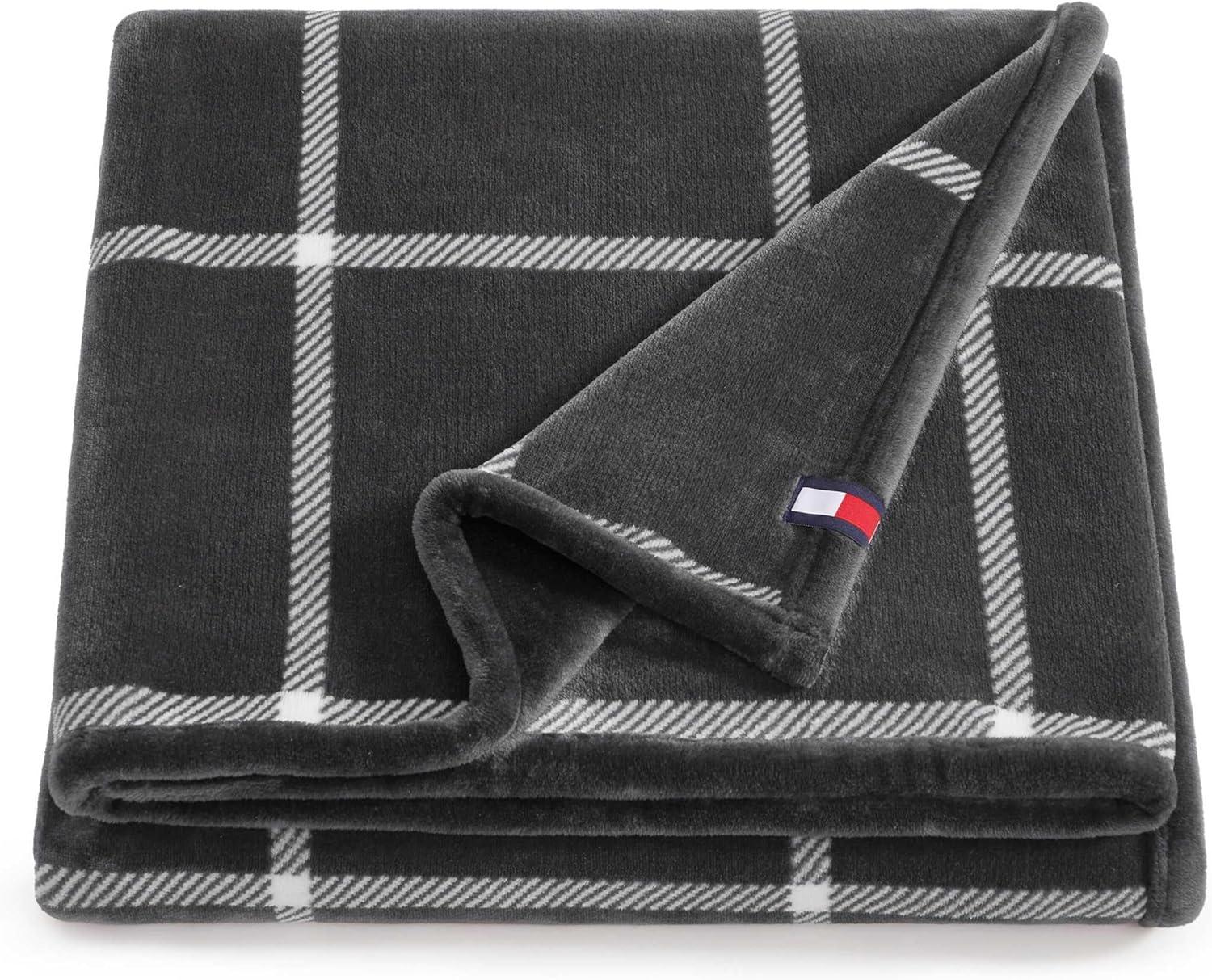 imageTommy Hilfiger Blanket UltraSoft Plush Throw Blanket for Bed or Couch Cozy Bedding with Solid Reverse ampamp Tailored Hem Medium Weight for Year Round Comfort Dumbo Windowpane Grey 50quot x 70quotDumbo Windowpaine Grey