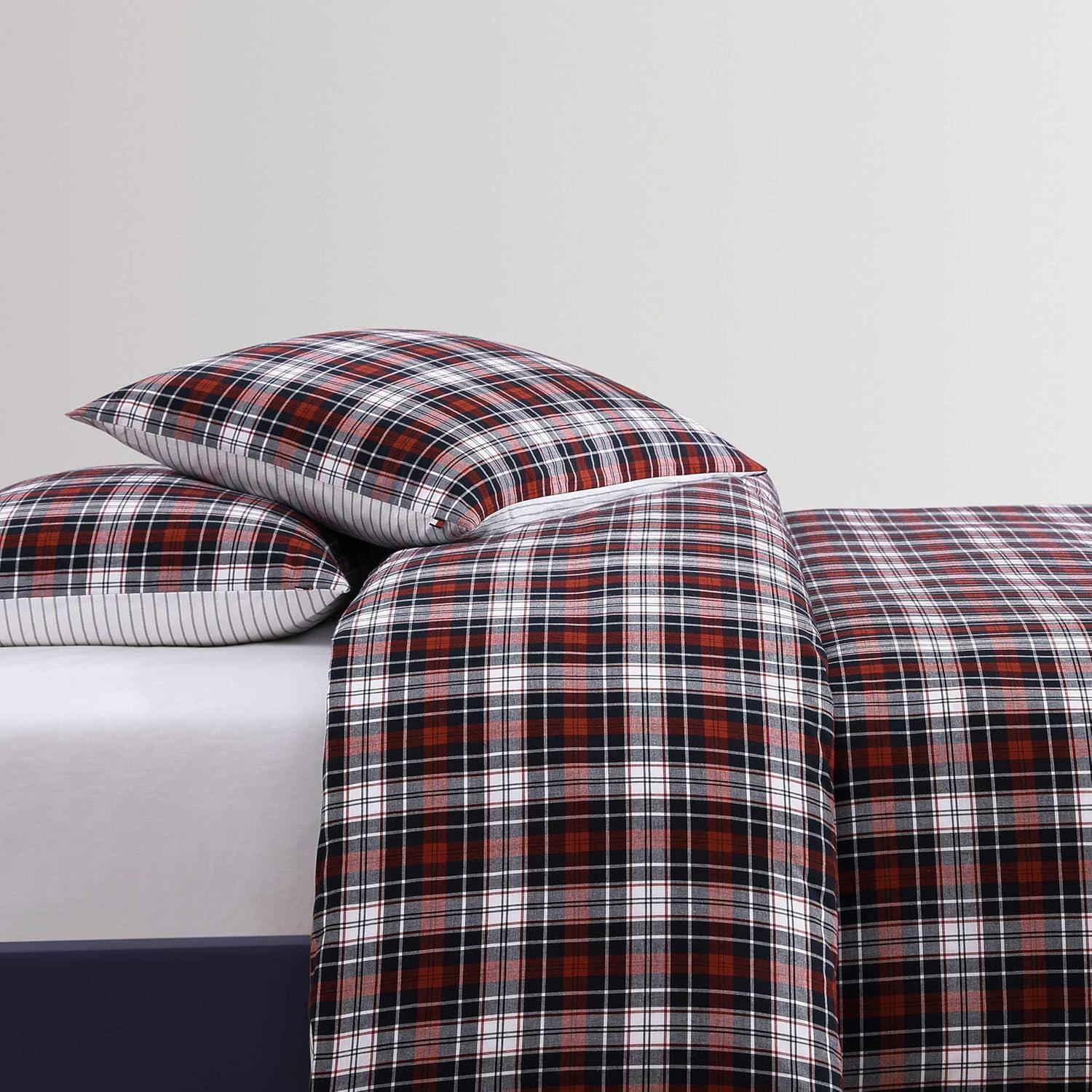 imageTommy Hilfiger Duvet Set Luxuriously Soft YarnDyed Cotton Bedding with Matching Sham Plaid Design Essential Tartan Red TwinEssential Tartan Red