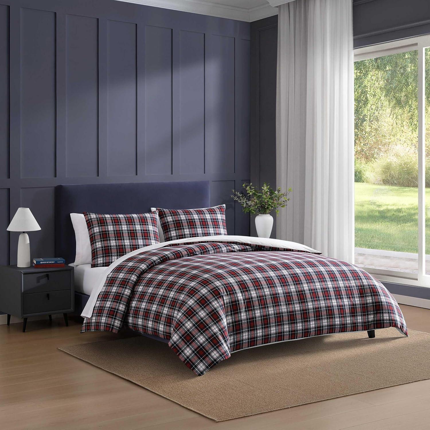 imageTommy Hilfiger Duvet Set Luxuriously Soft YarnDyed Cotton Bedding with Matching Sham Plaid Design Essential Tartan Red TwinEssential Tartan Red