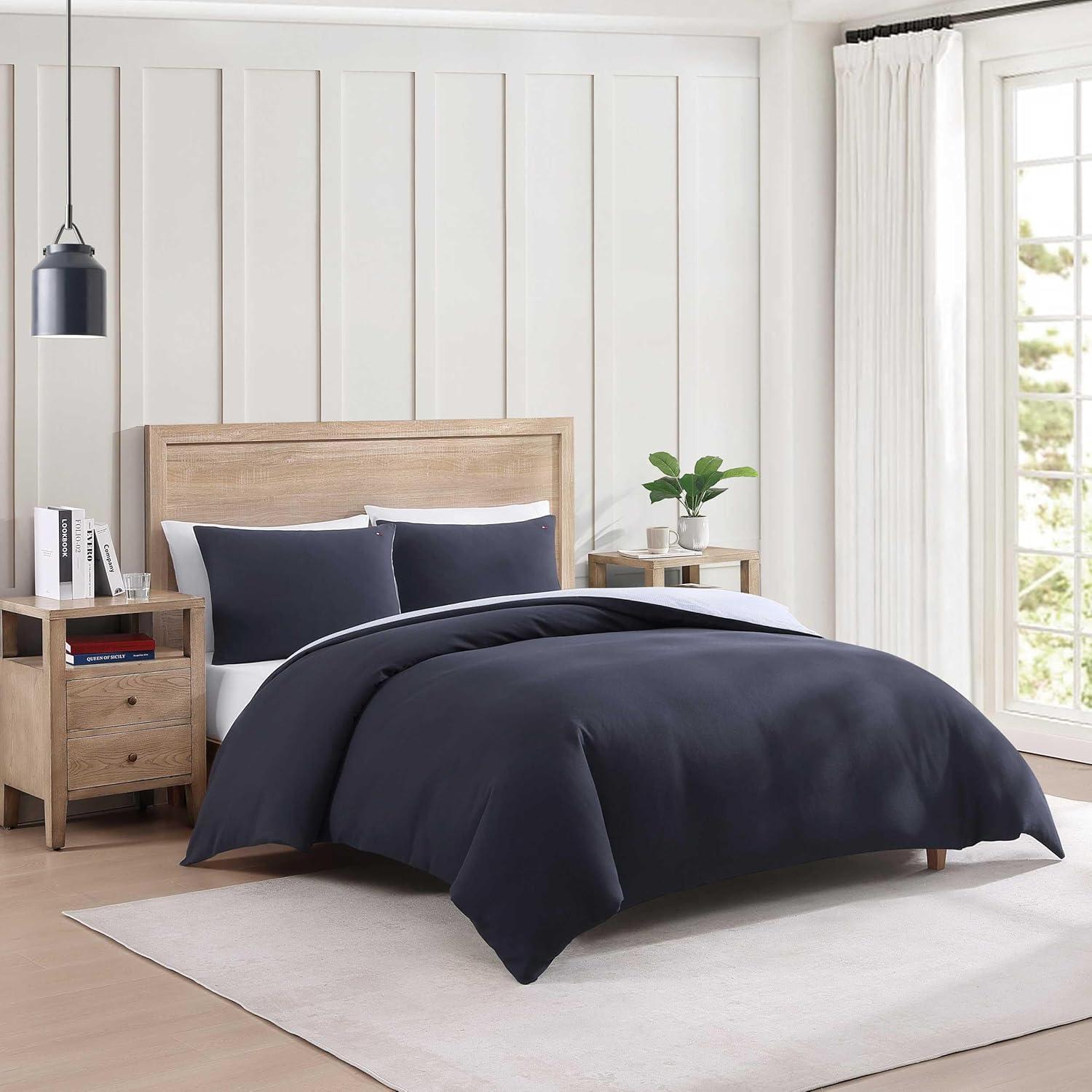 imageTommy Hilfiger Duvet Set Super Soft Bedding with Matching Shams Solid Bed Essentials Micro Pique White FullQueenMicro Pique Navy