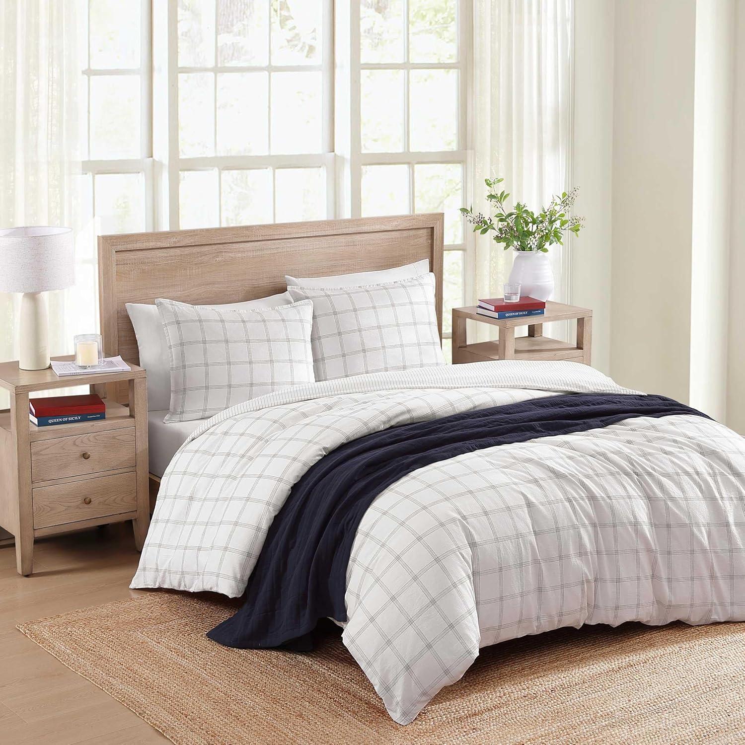 imageTommy Hilfiger FullQueen Duvet Cover Set Luxuriously Soft Bedding with Match Shams Button Closure Textured Bed Essentials Modern Windowpane Blue FullQueenModern Windowpane Blue