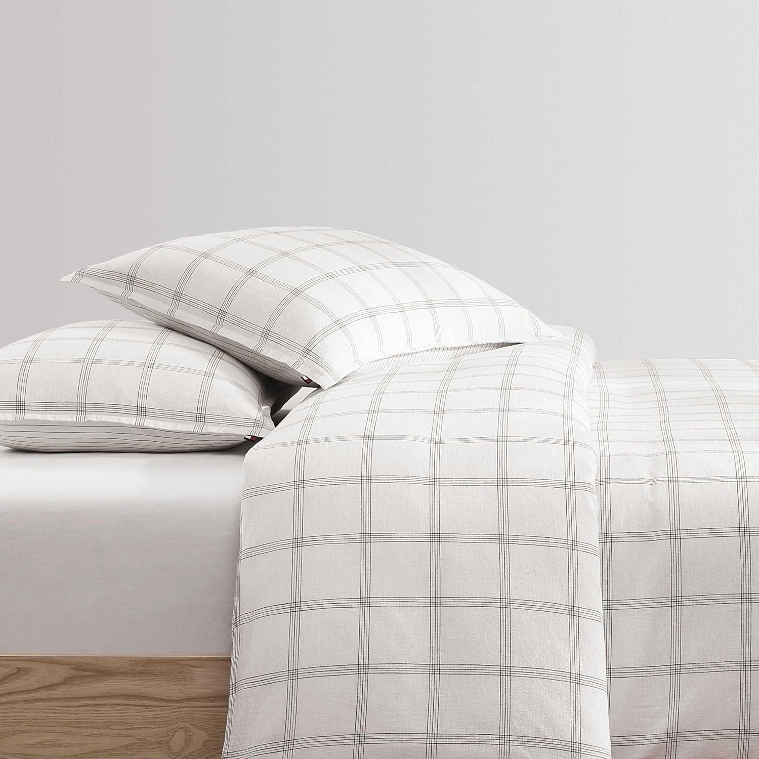 imageTommy Hilfiger FullQueen Duvet Cover Set Luxuriously Soft Bedding with Match Shams Button Closure Textured Bed Essentials Modern Windowpane Blue FullQueenModern Windowpane Blue