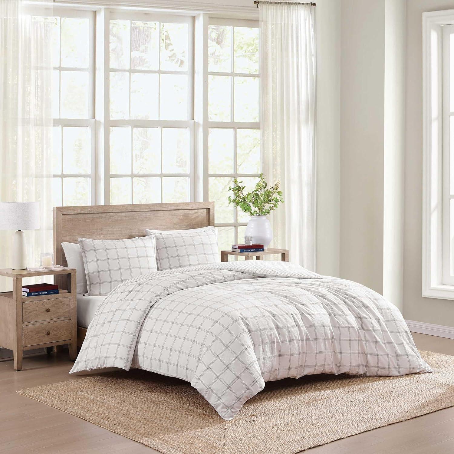 imageTommy Hilfiger FullQueen Duvet Cover Set Luxuriously Soft Bedding with Match Shams Button Closure Textured Bed Essentials Modern Windowpane Blue FullQueenModern Windowpane Blue