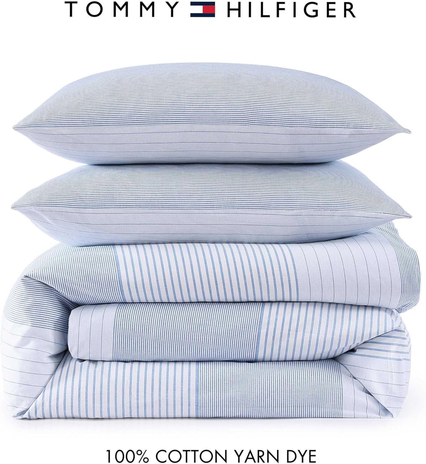 imageTommy Hilfiger FullQueen Duvet Cover Set Luxuriously Soft Bedding with Match Shams Button Closure Textured Bed Essentials Modern Windowpane Blue FullQueenModern Stripe Blue