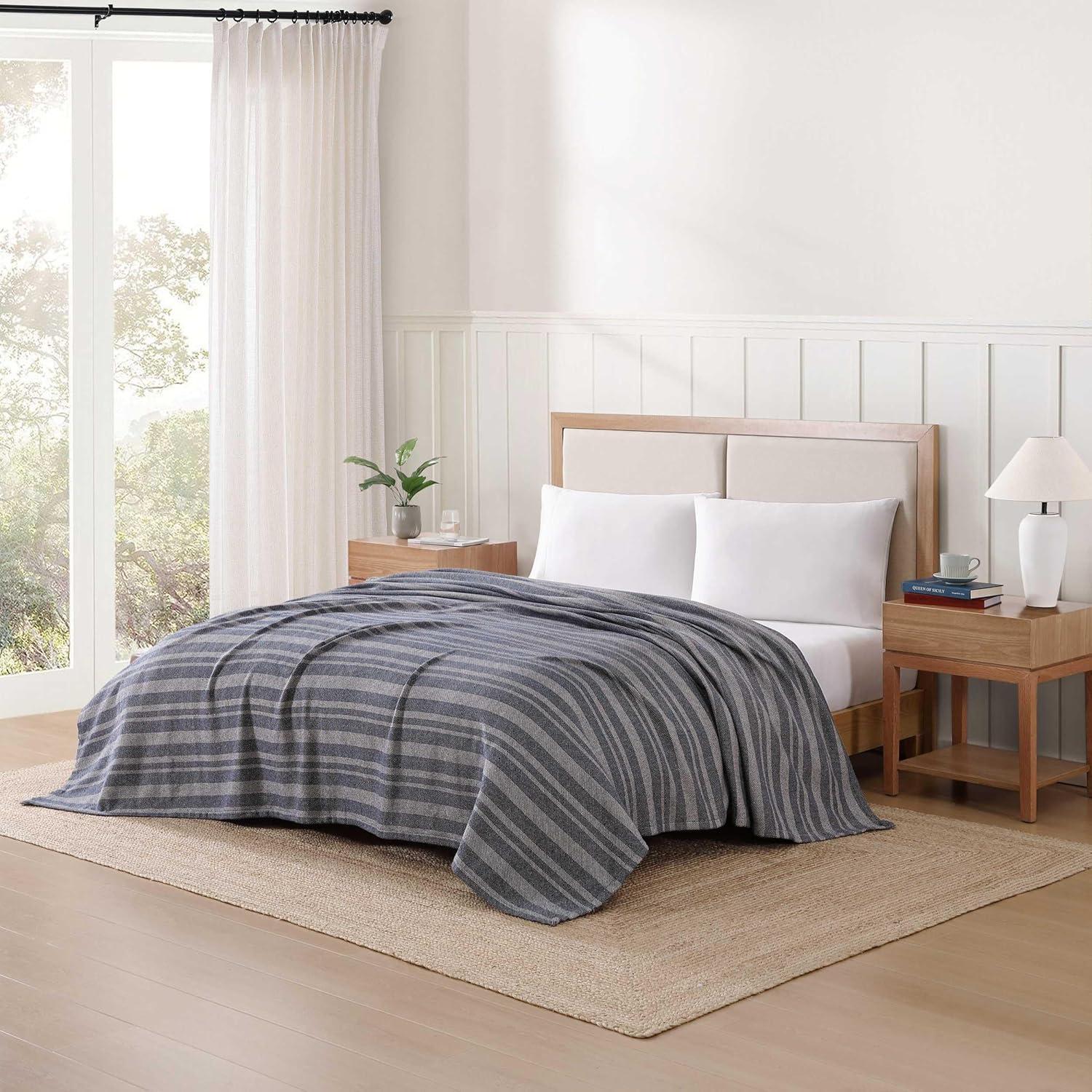 imageTommy Hilfiger Twin Cotton Blanket Woven Channel Stitched Bedding Medium Weight Soft Blanket AntiPilling ampamp Fade Resistant Ideal for Layering OekoTEX Certified BlueHarbor Stripe Navy
