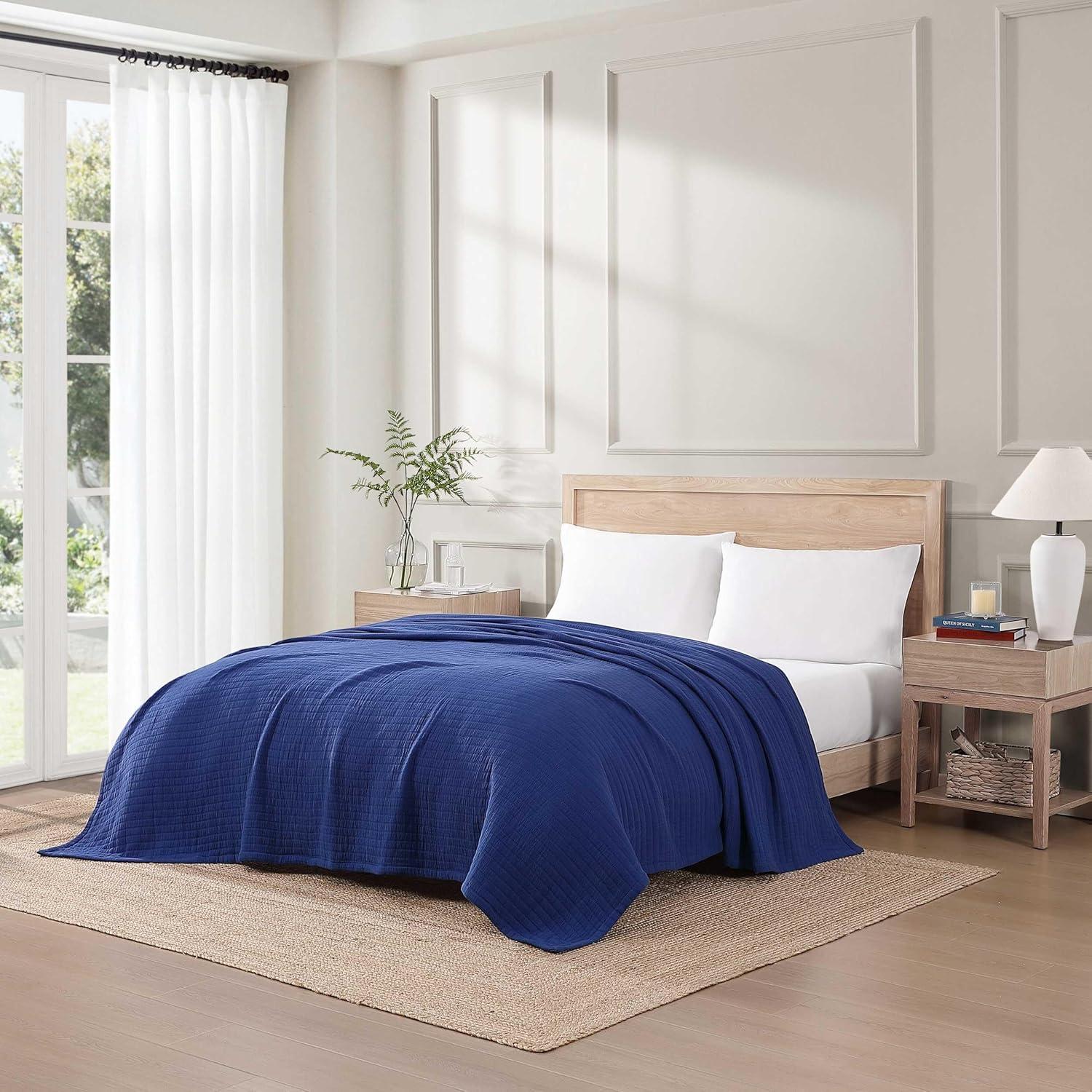 imageTommy Hilfiger Twin Cotton Blanket Woven Channel Stitched Bedding Medium Weight Soft Blanket AntiPilling ampamp Fade Resistant Ideal for Layering OekoTEX Certified BlueEssential Weave Blue