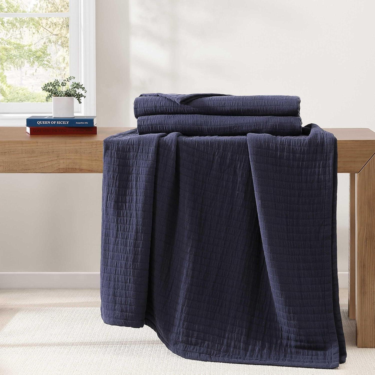 imageTommy Hilfiger Twin Cotton Blanket Woven Channel Stitched Bedding Medium Weight Soft Blanket AntiPilling ampamp Fade Resistant Ideal for Layering OekoTEX Certified BlueEssential Weave Navy