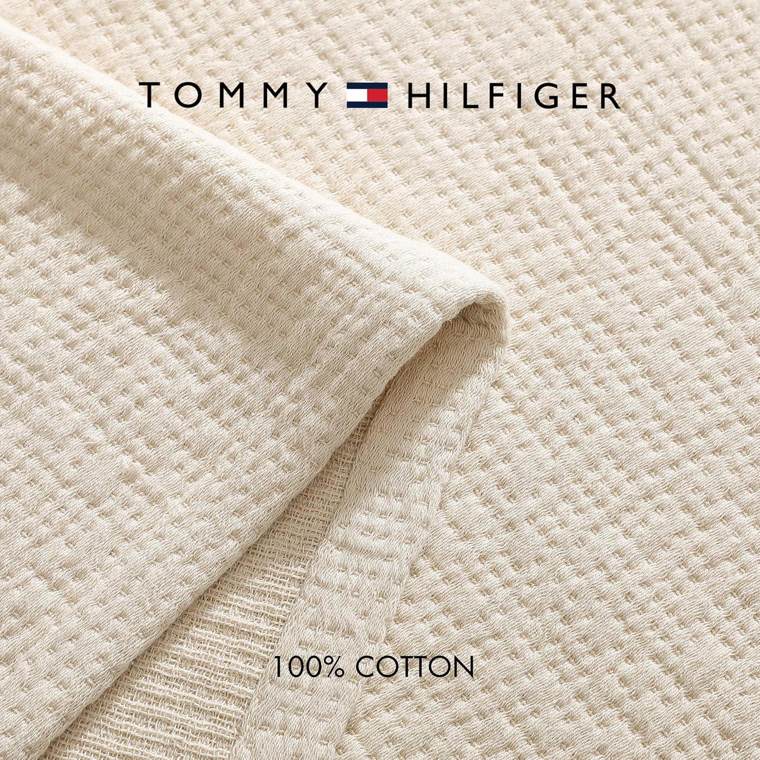 imageTommy Hilfiger Twin Cotton Blanket Woven Channel Stitched Bedding Medium Weight Soft Blanket AntiPilling ampamp Fade Resistant Ideal for Layering OekoTEX Certified BlueRunning Stitch Beige