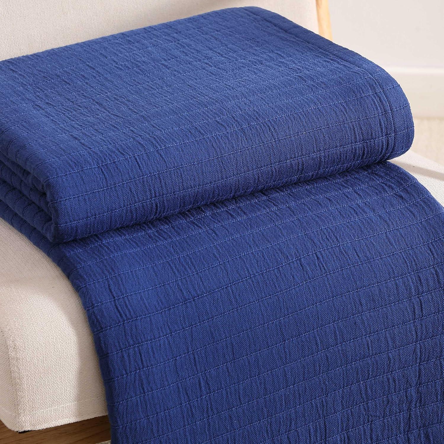 imageTommy Hilfiger Twin Cotton Blanket Woven Channel Stitched Bedding Medium Weight Soft Blanket AntiPilling ampamp Fade Resistant Ideal for Layering OekoTEX Certified BlueEssential Weave Blue
