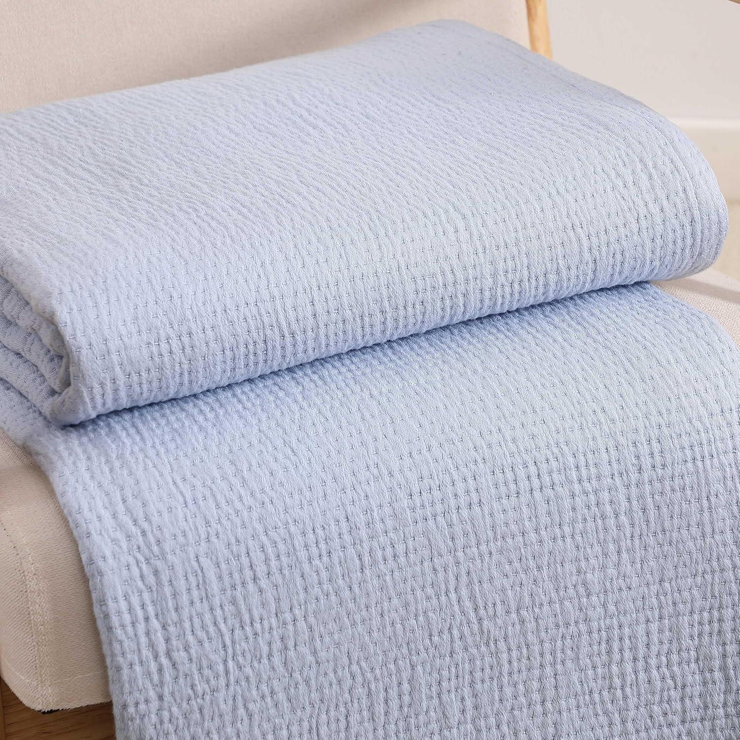 imageTommy Hilfiger Twin Cotton Blanket Woven Channel Stitched Bedding Medium Weight Soft Blanket AntiPilling ampamp Fade Resistant Ideal for Layering OekoTEX Certified BlueRunning Stitch Blue