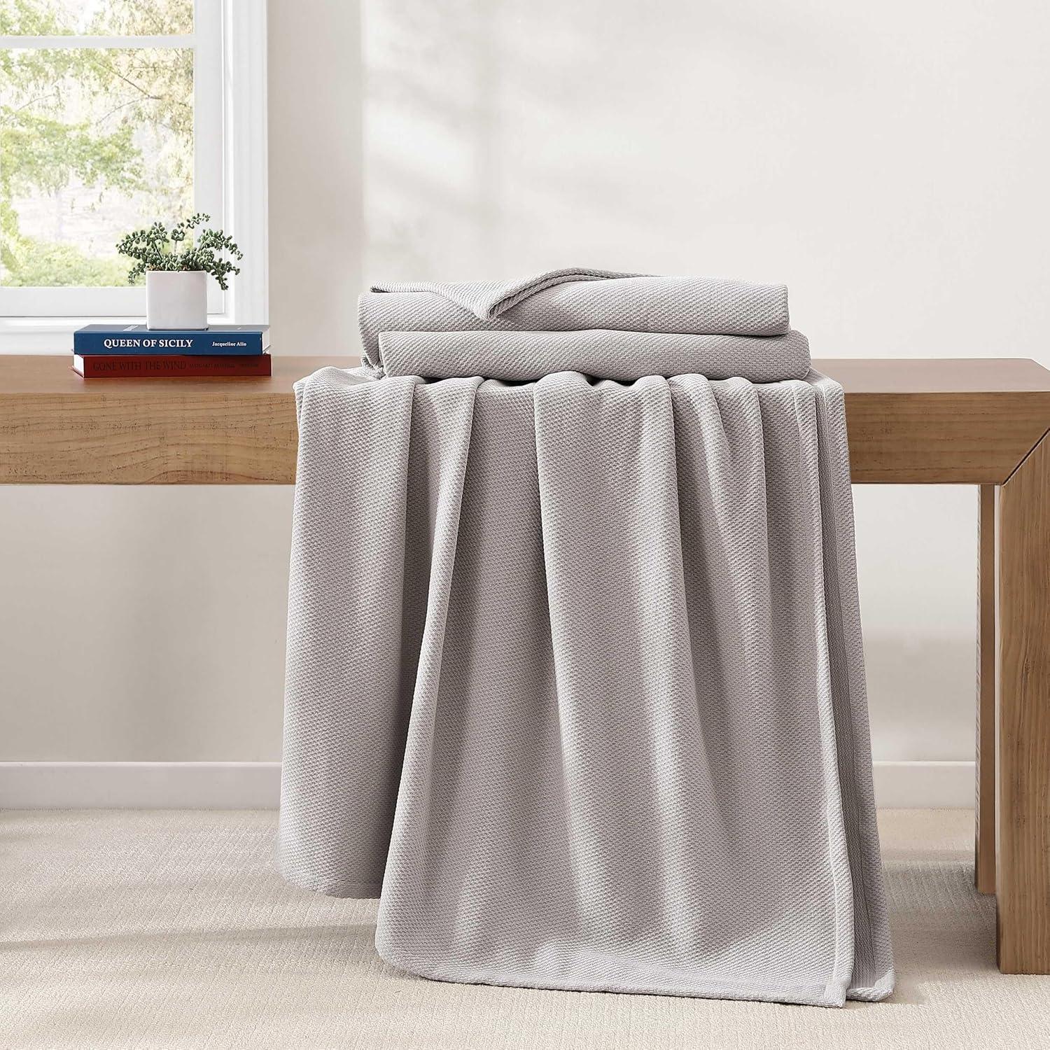 imageTommy Hilfiger Twin Cotton Blanket Woven Channel Stitched Bedding Medium Weight Soft Blanket AntiPilling ampamp Fade Resistant Ideal for Layering OekoTEX Certified BlueCotton Pique Grey