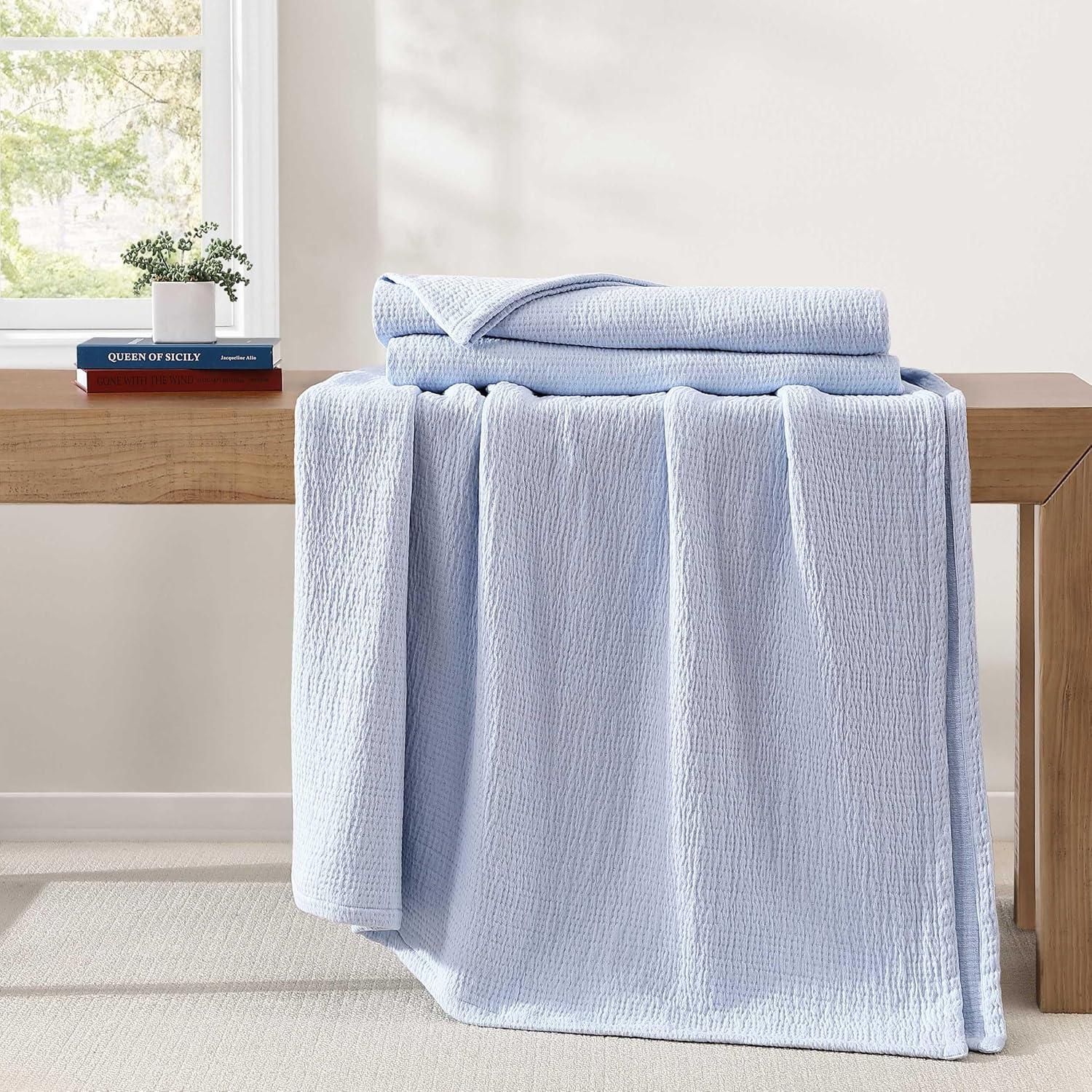 imageTommy Hilfiger Twin Cotton Blanket Woven Channel Stitched Bedding Medium Weight Soft Blanket AntiPilling ampamp Fade Resistant Ideal for Layering OekoTEX Certified BlueRunning Stitch Blue