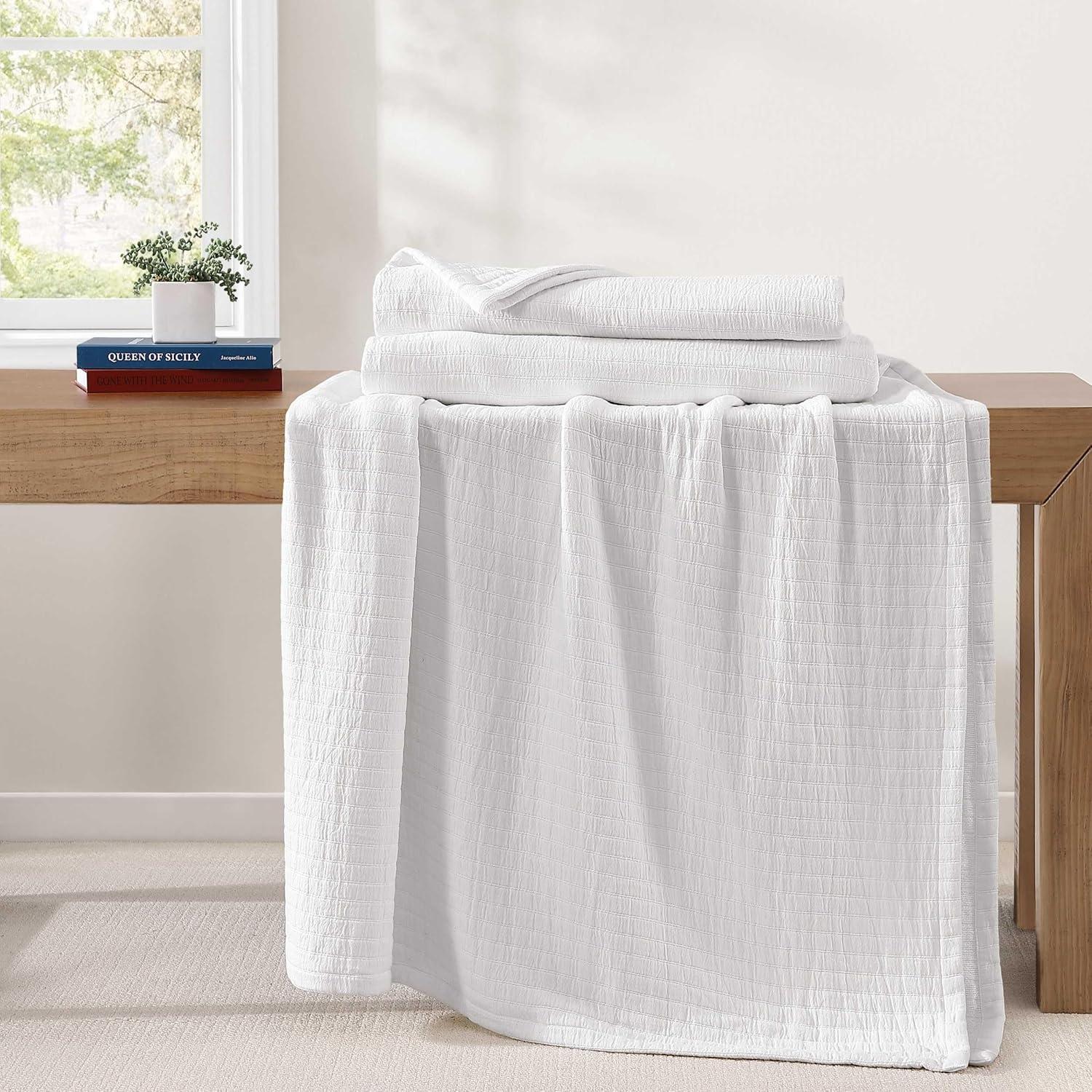 imageTommy Hilfiger Twin Cotton Blanket Woven Channel Stitched Bedding Medium Weight Soft Blanket AntiPilling ampamp Fade Resistant Ideal for Layering OekoTEX Certified BlueEssential Weave White
