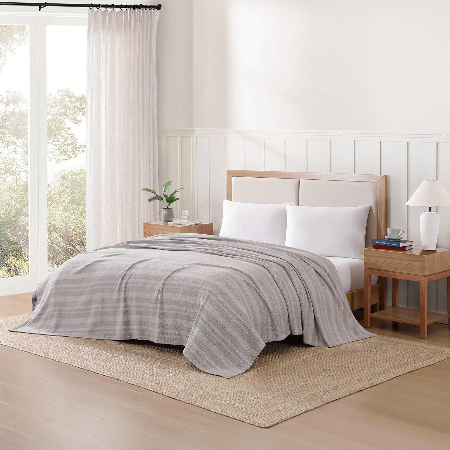 imageTommy Hilfiger Twin Cotton Blanket Woven Channel Stitched Bedding Medium Weight Soft Blanket AntiPilling ampamp Fade Resistant Ideal for Layering OekoTEX Certified BlueHarbor Stripe Grey