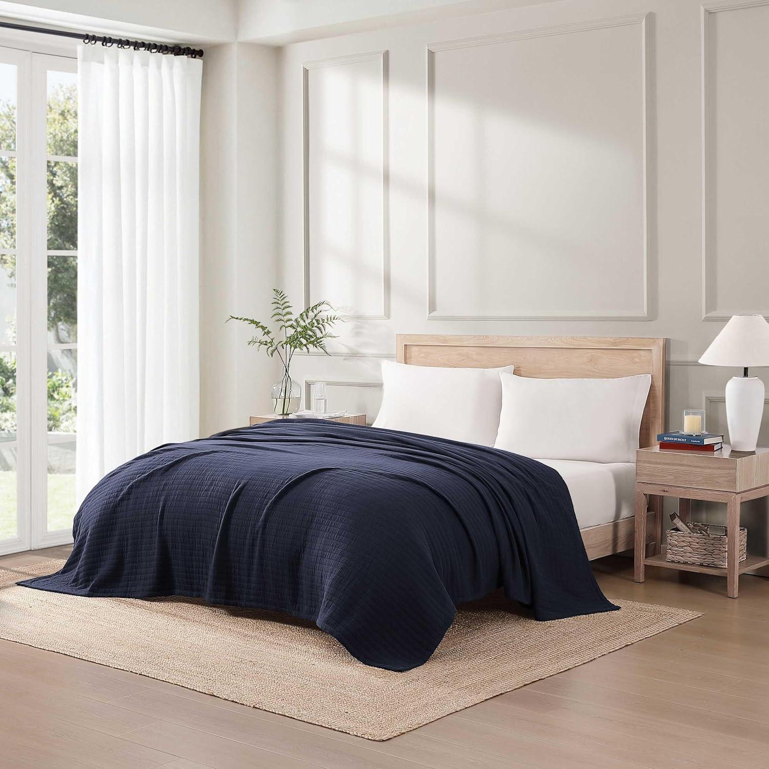 imageTommy Hilfiger Twin Cotton Blanket Woven Channel Stitched Bedding Medium Weight Soft Blanket AntiPilling ampamp Fade Resistant Ideal for Layering OekoTEX Certified BlueEssential Weave Navy
