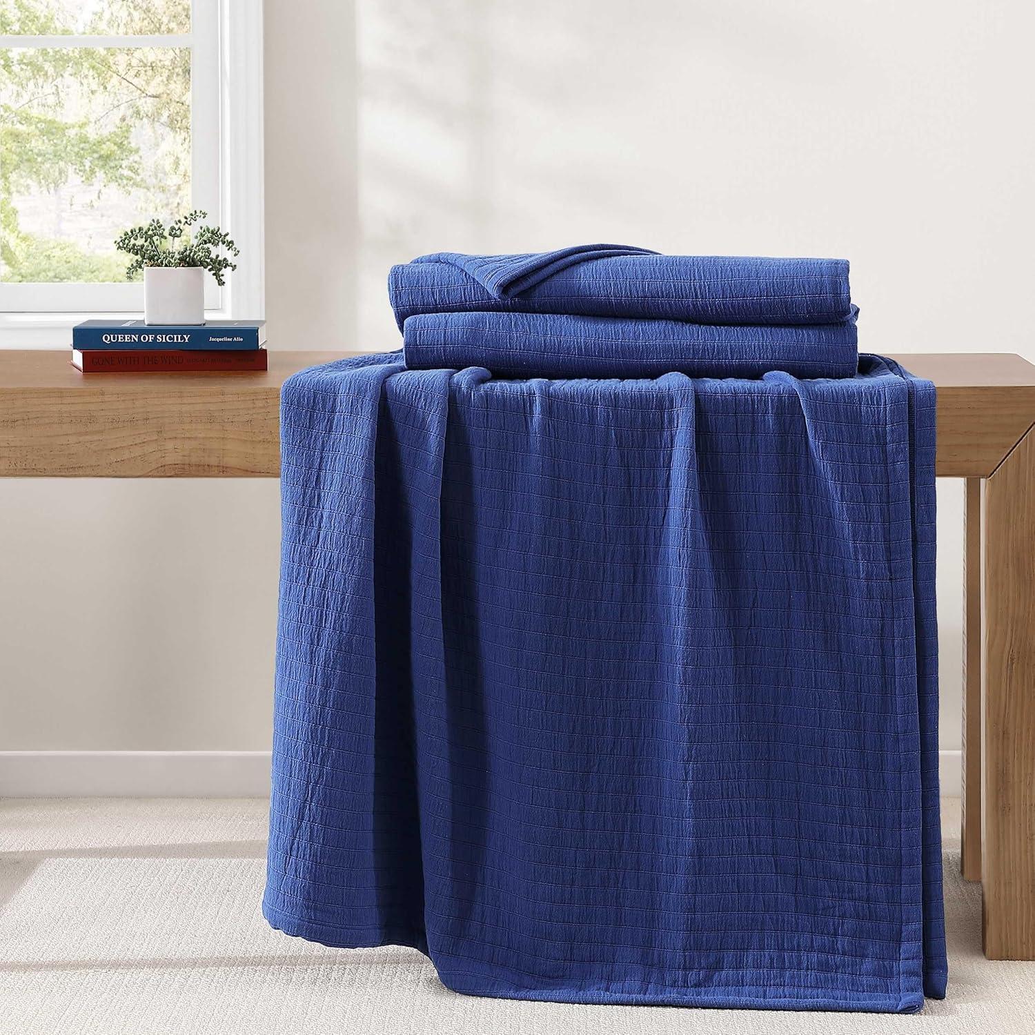 imageTommy Hilfiger Twin Cotton Blanket Woven Channel Stitched Bedding Medium Weight Soft Blanket AntiPilling ampamp Fade Resistant Ideal for Layering OekoTEX Certified BlueEssential Weave Blue