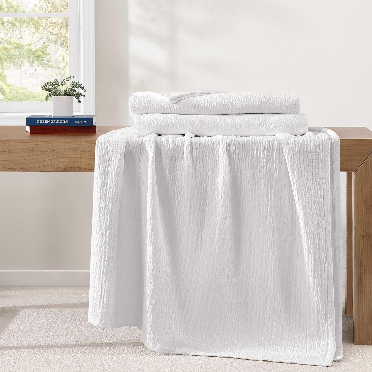 imageTommy Hilfiger Twin Cotton Blanket Woven Channel Stitched Bedding Medium Weight Soft Blanket AntiPilling ampamp Fade Resistant Ideal for Layering OekoTEX Certified BlueRunning Stitch White