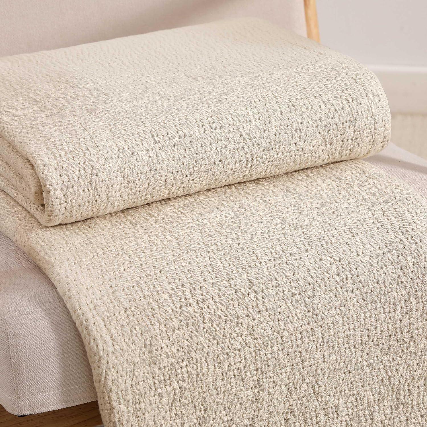 imageTommy Hilfiger Twin Cotton Blanket Woven Channel Stitched Bedding Medium Weight Soft Blanket AntiPilling ampamp Fade Resistant Ideal for Layering OekoTEX Certified BlueRunning Stitch Beige