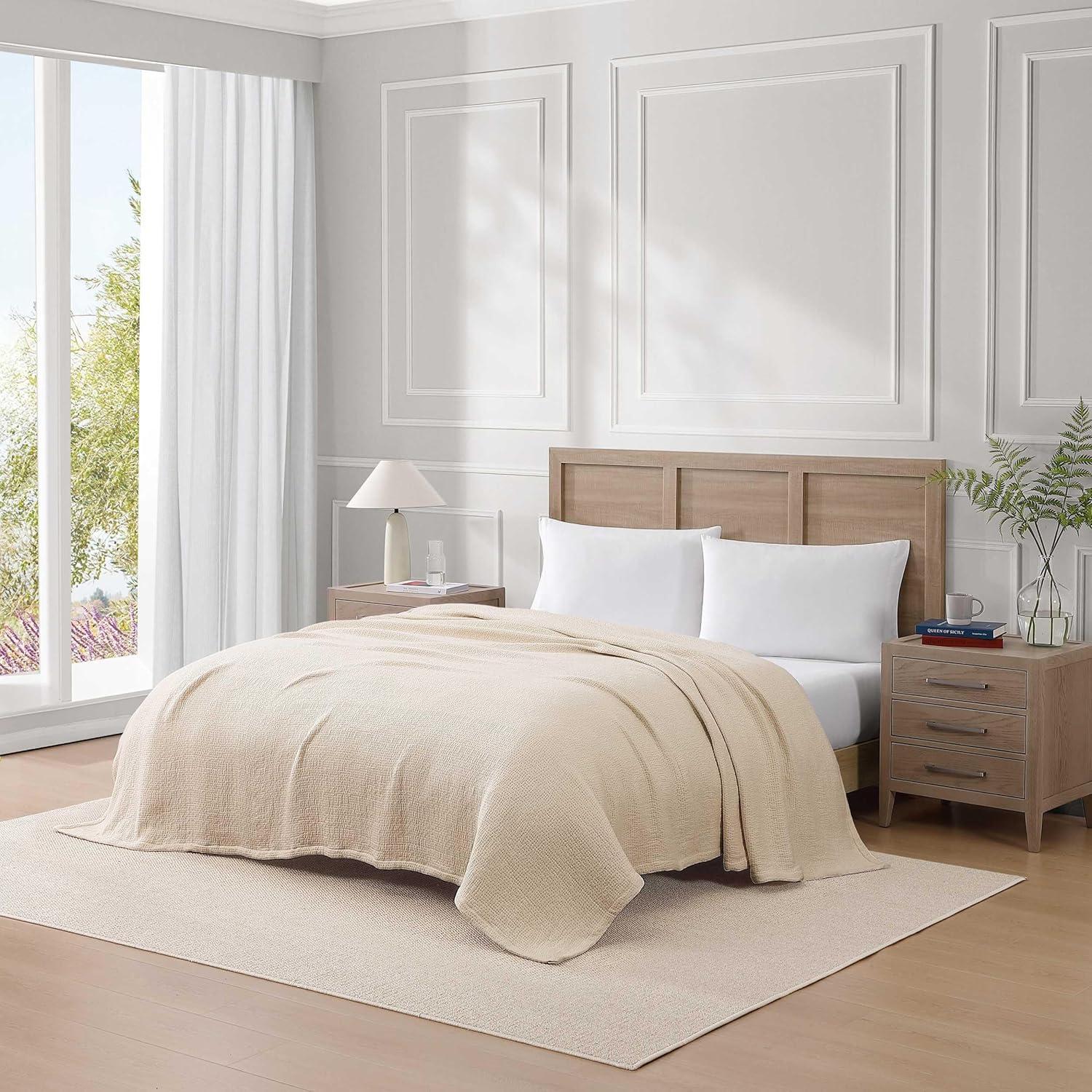 imageTommy Hilfiger Twin Cotton Blanket Woven Channel Stitched Bedding Medium Weight Soft Blanket AntiPilling ampamp Fade Resistant Ideal for Layering OekoTEX Certified BlueRunning Stitch Beige