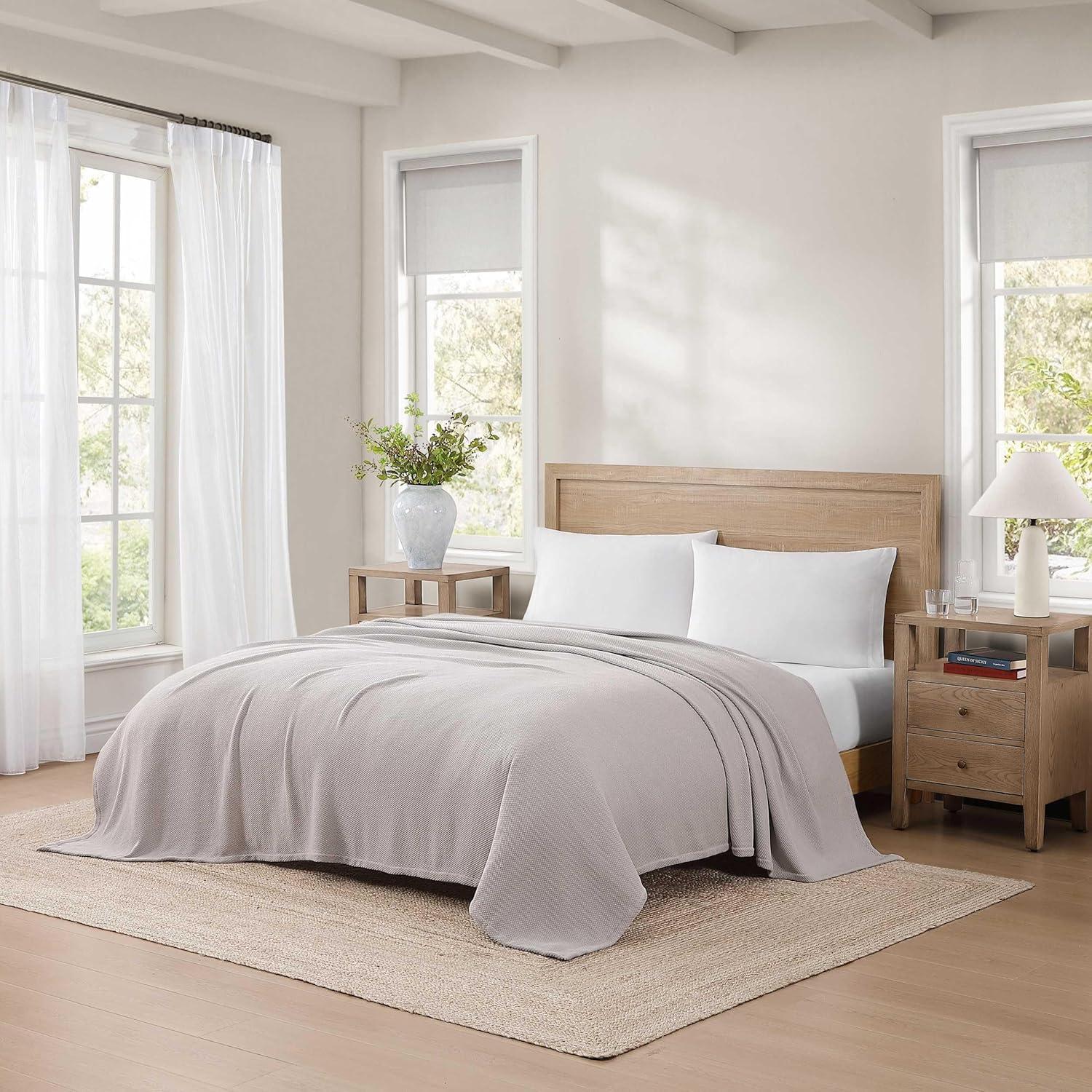 imageTommy Hilfiger Twin Cotton Blanket Woven Channel Stitched Bedding Medium Weight Soft Blanket AntiPilling ampamp Fade Resistant Ideal for Layering OekoTEX Certified BlueCotton Pique Grey