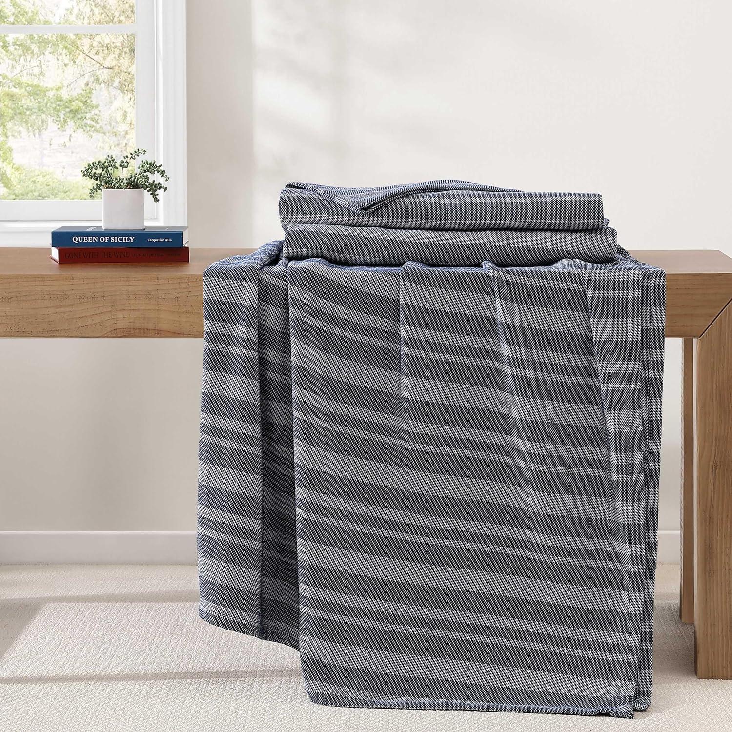 imageTommy Hilfiger Twin Cotton Blanket Woven Channel Stitched Bedding Medium Weight Soft Blanket AntiPilling ampamp Fade Resistant Ideal for Layering OekoTEX Certified BlueHarbor Stripe Navy