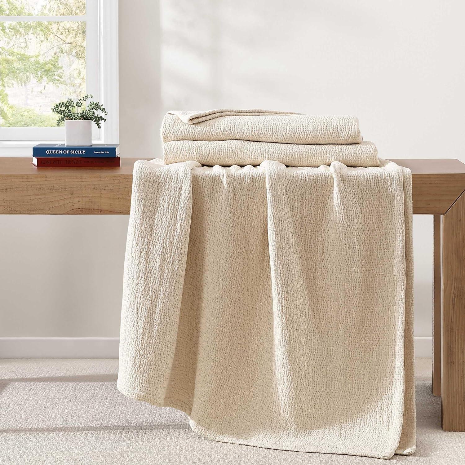 imageTommy Hilfiger Twin Cotton Blanket Woven Channel Stitched Bedding Medium Weight Soft Blanket AntiPilling ampamp Fade Resistant Ideal for Layering OekoTEX Certified BlueRunning Stitch Beige